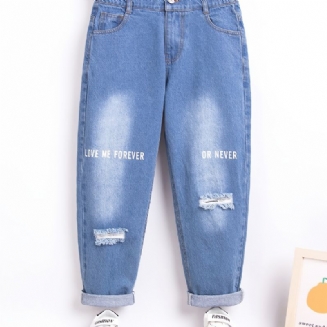 Dívčí Retro Roztrhané Džíny Letters Print Džínové Kalhoty