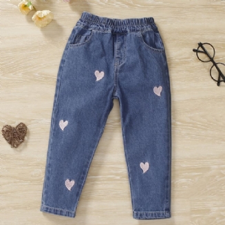 Dětské Dívčí Džíny Ležérní Kalhoty S Výšivkou Srdce Oblečení