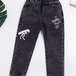 Děťátko Chlapci Retro Jeans Ležérní Dinosauří Potisk Elastický Pas Džínové Kalhoty Dětské Oblečení