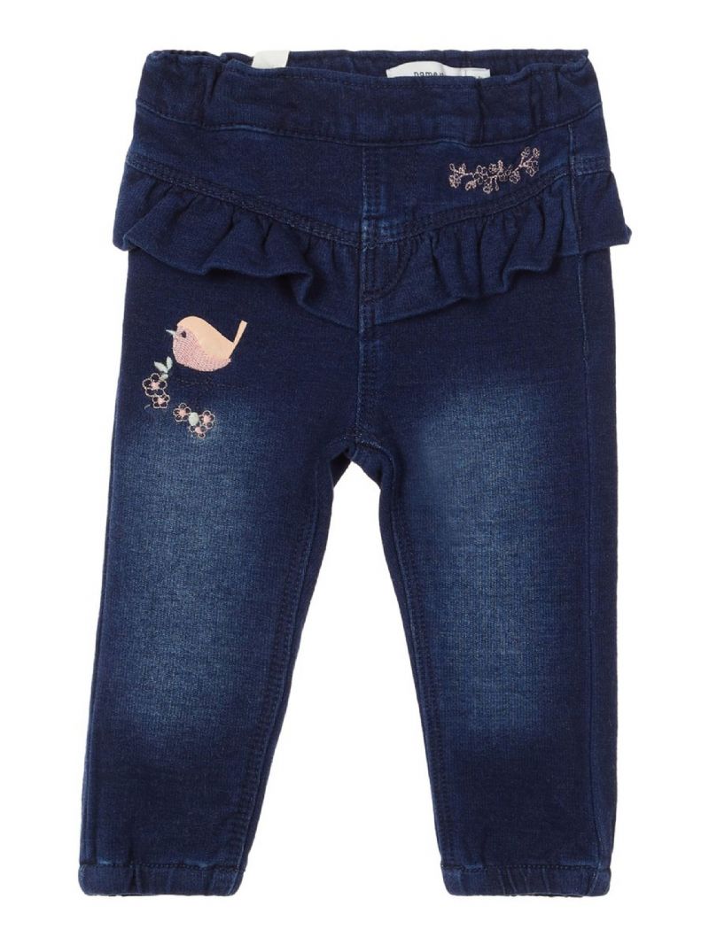 Děťátko Dívky Ležérní Měkké Džíny Bird Flower Vyšívané Krajkové Kalhoty Dětské Oblečení