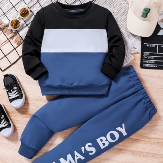 2ks Chlapci Causal Active Set With Color Block Pullover Mikina & Letter Print Tepláky Na Zimu