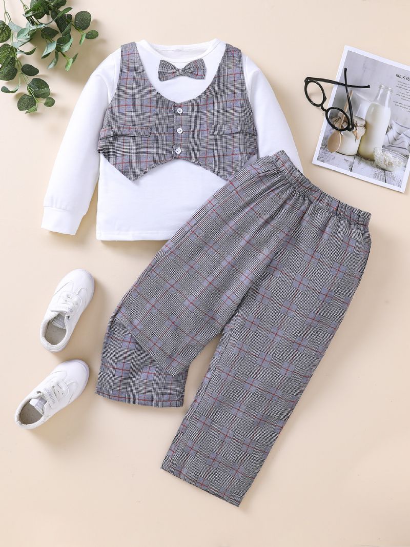 2ks Chlapci Gingham Bow Sleeve Top & Kalts Set