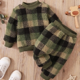 2ks Chlapci Green Plaid Pattern Contrast Trim Top & Kalts Set