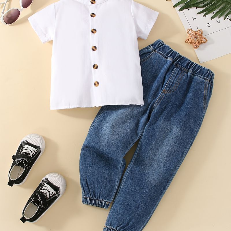 2ks Chlapci White Button Přední Krátký Rukáv Top Pružný Pas Denim Džíny Set Oblečení