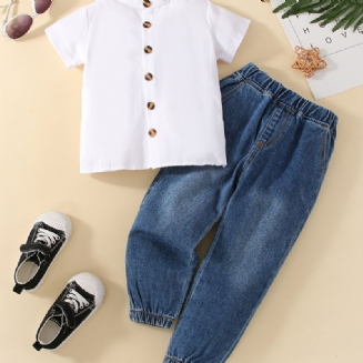 2ks Chlapci White Button Přední Krátký Rukáv Top Pružný Pas Denim Džíny Set Oblečení