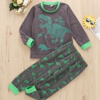 2ks Chlapecké Oblečení Zelená Sada Pro Volný Čas S Potiskem Dinosaurů S Dlouhým Rukávem