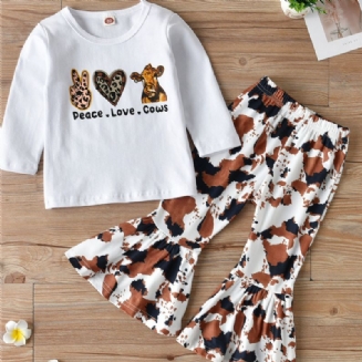 2ks Dívky Peace Love Cows Tops S Dlouhým Rukávem & Cow Print Flared Pants Set