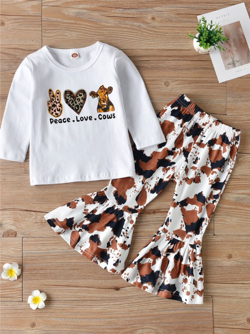 2ks Dívky Peace Love Cows Tops S Dlouhým Rukávem & Cow Print Flared Pants Set