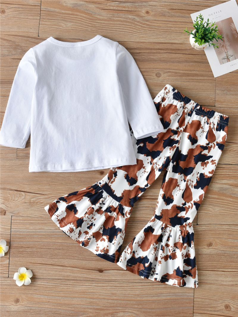 2ks Dívky Peace Love Cows Tops S Dlouhým Rukávem & Cow Print Flared Pants Set