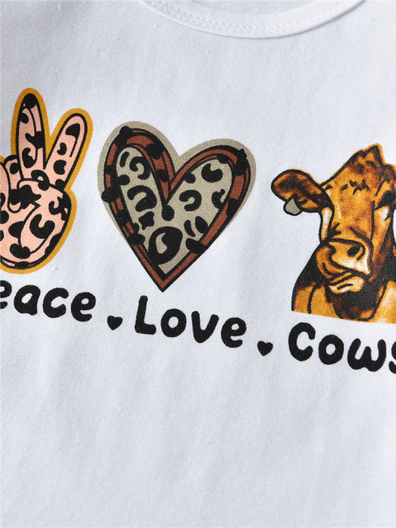 2ks Dívky Peace Love Cows Tops S Dlouhým Rukávem & Cow Print Flared Pants Set