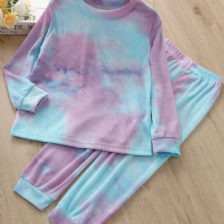 2ks Dívčí Neformální Dye Dye Dye Dlouhý Rukáv Kulatý Výstřih Topy A Kalhoty Set Dětské Oblečení