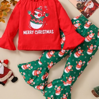 2ks Dívčí Vánoční Snowman Top & Flared Kalhoty Set Zimní Soupravy