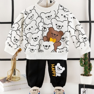 2ks Děťátko Chlapci Cartoon Bear Print Pullover Mikina A Kalhoty S Kulatým Výstřihem A Dlouhým Rukávem Dětské Oblečení