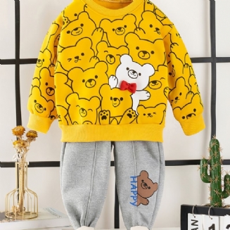 2ks Děťátko Chlapci Cartoon Bear Print Pullover Mikina A Kalhoty S Kulatým Výstřihem A Dlouhým Rukávem Dětské Oblečení