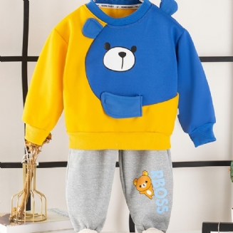 2ks Děťátko Chlapci Cartoon Bear Splicing Pullover Mikina A Kalhoty S Kulatým Výstřihem Dlouhý Rukáv Dětské Oblečení