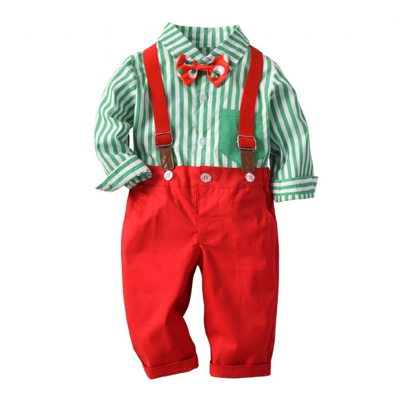 2ks Děťátko Chlapci Gentleman Outfit Formální Oblek Dlouhý Rukáv Pruhovaná Kostkovaná Košile Podvazkové Kalhoty Motýlek Overaly Souprava Oblečení