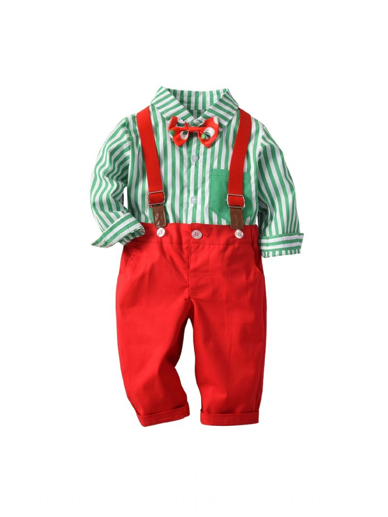 2ks Děťátko Chlapci Gentleman Outfit Formální Oblek Dlouhý Rukáv Pruhovaná Kostkovaná Košile Podvazkové Kalhoty Motýlek Overaly Souprava Oblečení