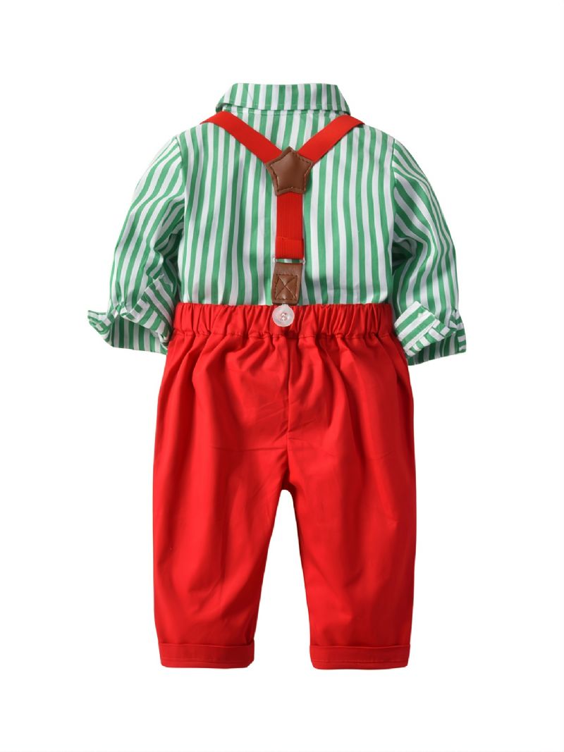 2ks Děťátko Chlapci Gentleman Outfit Formální Oblek Dlouhý Rukáv Pruhovaná Kostkovaná Košile Podvazkové Kalhoty Motýlek Overaly Souprava Oblečení