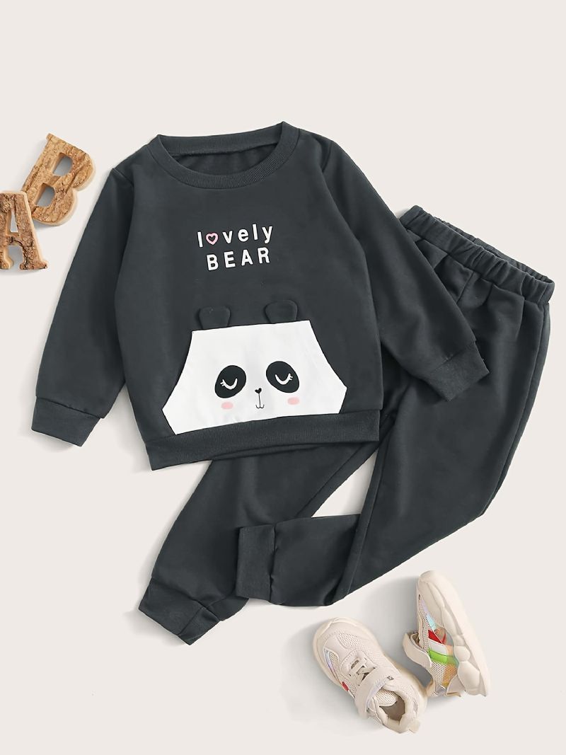 2ks Děťátko Chlapci Letter Print Panda Kreslený Kulatý Výstřih Svetr S Dlouhým Rukávem Mikina Pevný Elastický Pas Kalhoty Set Oblečení