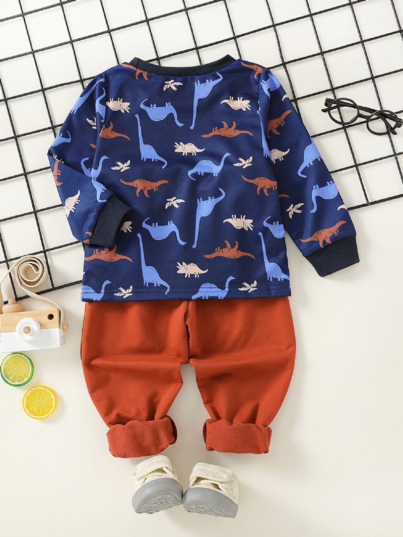2ks Děťátko Chlapci Tee Dinosauří Potisk S Kulatým Výstřihem Dlouhé Rukávy Sada Top & Kalhoty Dětské Oblečení