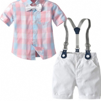 2ks Kostkovaná Košile A Kalhoty S Náprsenkou Pro Chlapce Gentleman S Krátkým Rukávem
