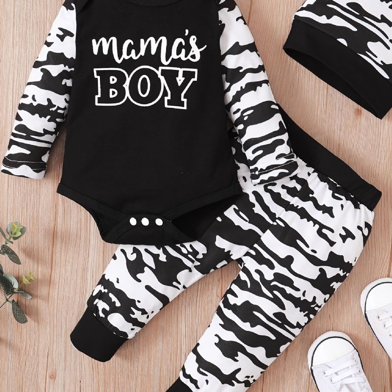 3ks Chlapci Maminčina Letter Print Dlouhý Rukáv Onesie Romper Top Kalhoty S Elastickým Pasem S Kloboukem Set Oblečení