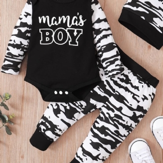 3ks Chlapci Maminčina Letter Print Dlouhý Rukáv Onesie Romper Top Kalhoty S Elastickým Pasem S Kloboukem Set Oblečení