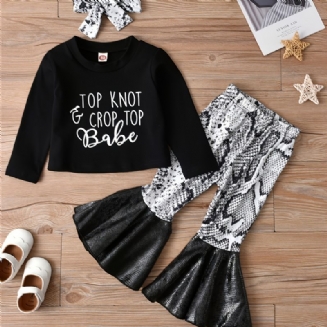 3ks Dívky Top Knot & Crop Top Babe Print Crew Neck Dlouhý Rukáv + Rozšířené Kalhoty + Čelenka S Mašlí