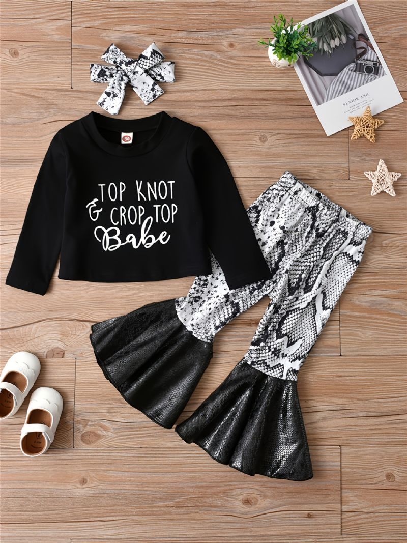 3ks Dívky Top Knot & Crop Top Babe Print Crew Neck Dlouhý Rukáv + Rozšířené Kalhoty + Čelenka S Mašlí