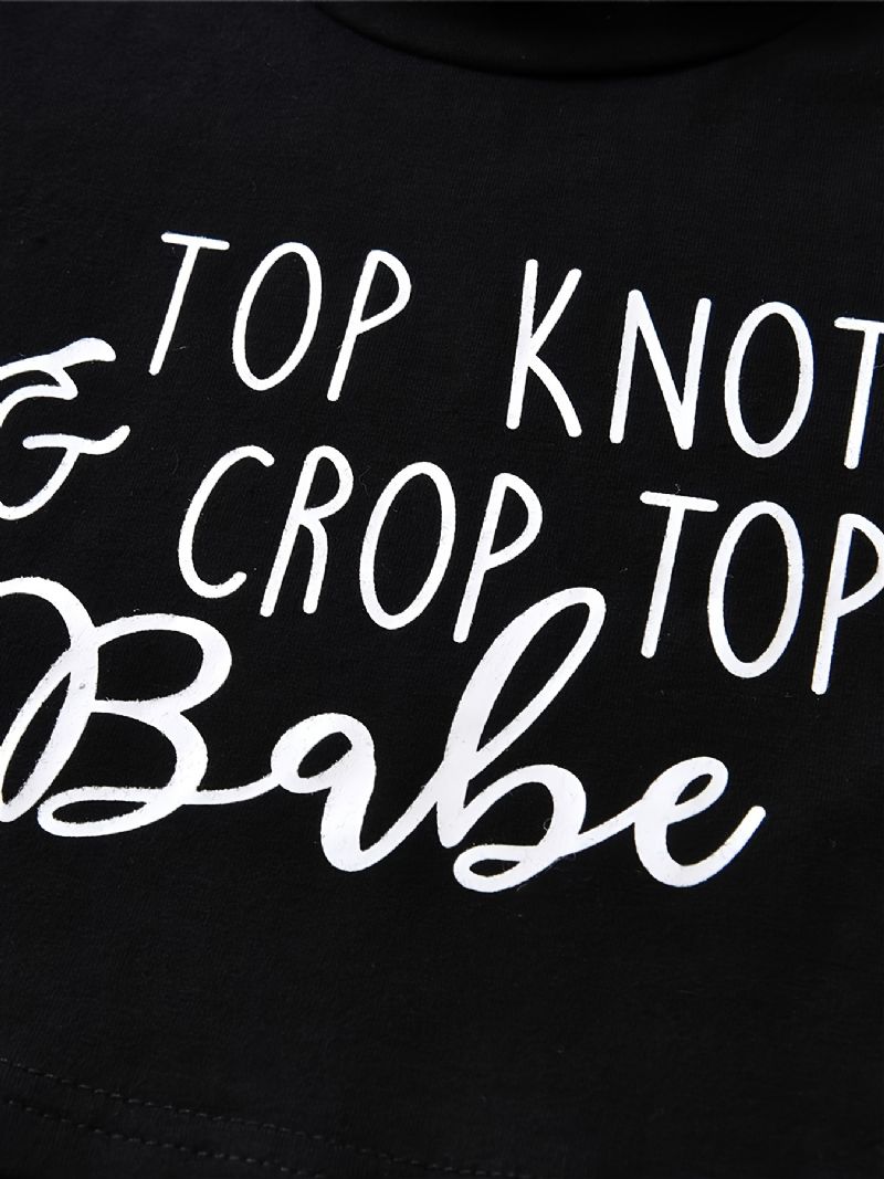 3ks Dívky Top Knot & Crop Top Babe Print Crew Neck Dlouhý Rukáv + Rozšířené Kalhoty + Čelenka S Mašlí