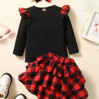 3ks Dívčí Vánoční Oblečení Kostkovaná Sukně Černá Košile S Čelenkou Podzimní Zimní