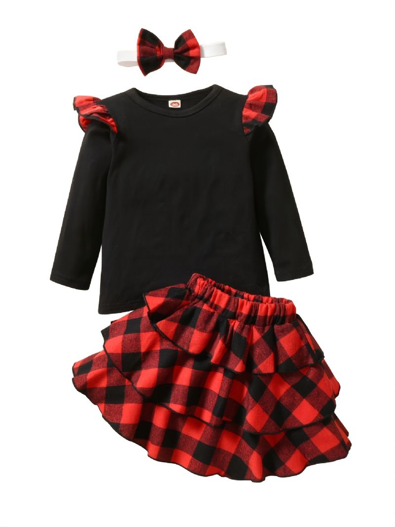3ks Dívčí Vánoční Oblečení Kostkovaná Sukně Černá Košile S Čelenkou Podzimní Zimní