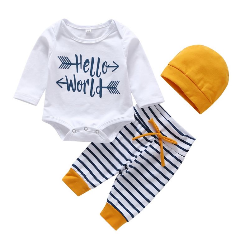 3ks Děťátko Chlapci Hello World Letter Print Onesie Top Pruhované Kalhoty S Kloboukem Set Oblečení