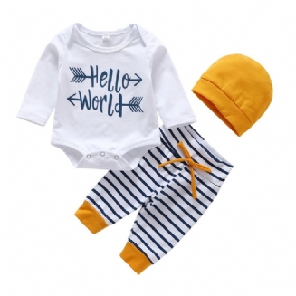 3ks Děťátko Chlapci Hello World Letter Print Onesie Top Pruhované Kalhoty S Kloboukem Set Oblečení