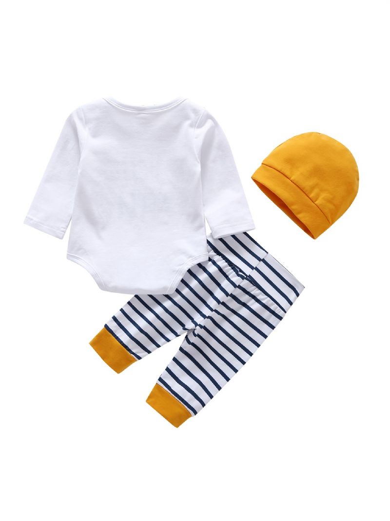 3ks Děťátko Chlapci Hello World Letter Print Onesie Top Pruhované Kalhoty S Kloboukem Set Oblečení