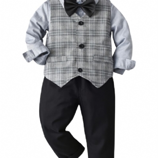 4ks Chlapci Party Gentleman Motýlek Kostkovaná Pruhovaná Vesta Jednobarevné Sady Kalhot S Dlouhým Rukávem
