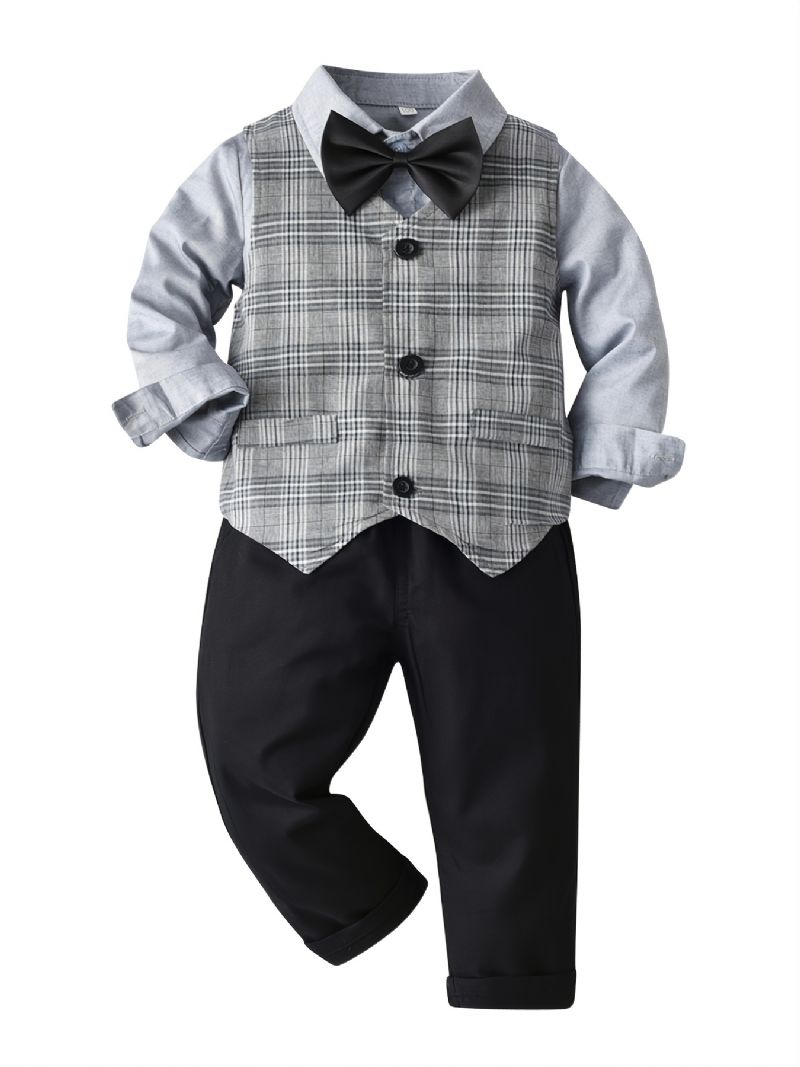 4ks Chlapci Party Gentleman Motýlek Kostkovaná Pruhovaná Vesta Jednobarevné Sady Kalhot S Dlouhým Rukávem