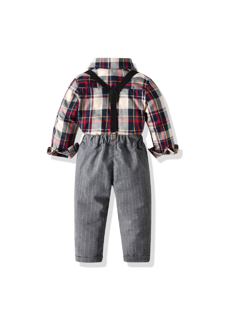 Batole Chlapci Gentleman Outfits Kostkovaná Košile S Motýlkem A Podvazkové Kalhoty Set Dětské Oblečení