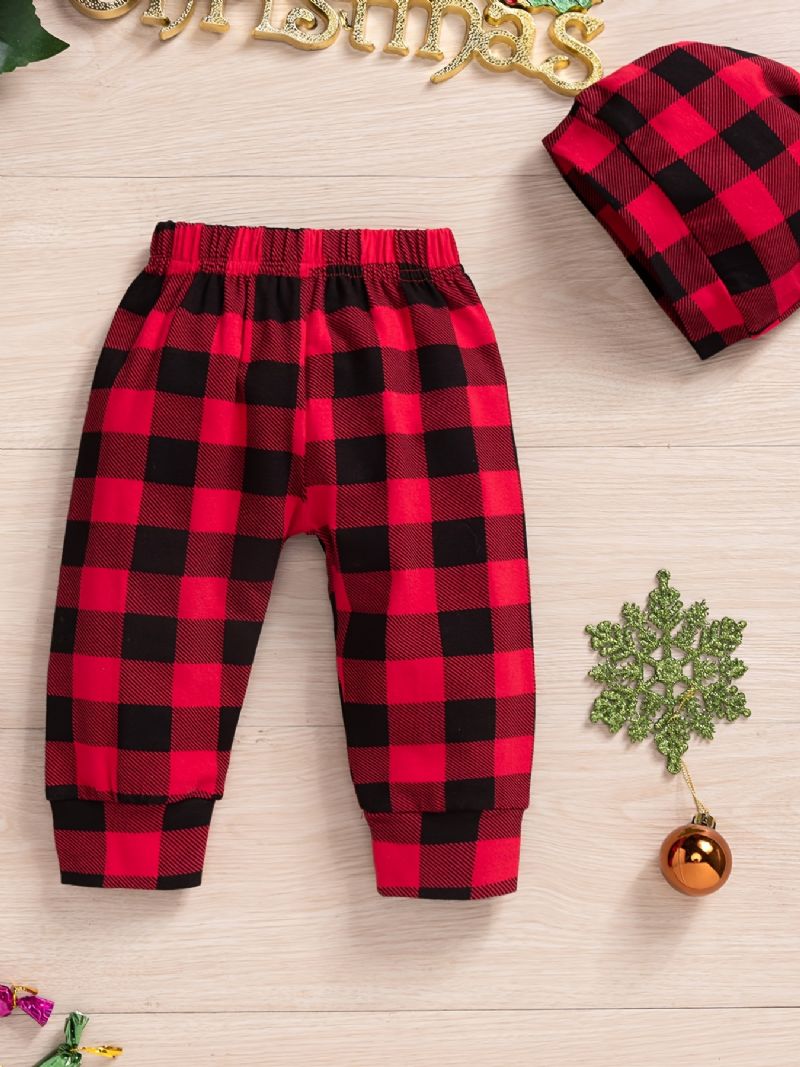 Batole Chlapečci Vánoční Oblečení Body Roztomilé Potisk Dlouhé Rukávy A Kostkované Kalhoty A Čepice Set