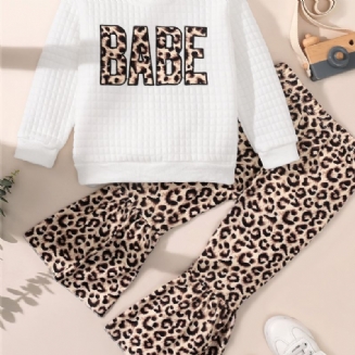 Batole Dívky Leopardí Potisk Posádkový Výstřih Bavlna Dlouhý Rukáv Kostkované Bílé Tričko Flare Kalhoty Set