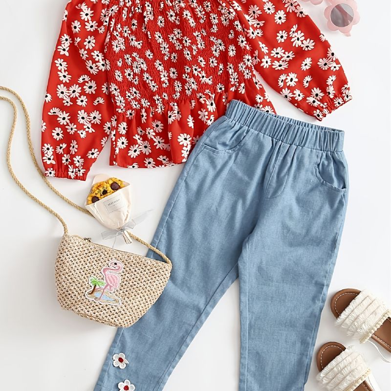 Batole Dívčí Daisy Shirred Peplum Top & Appliques Jeans Set