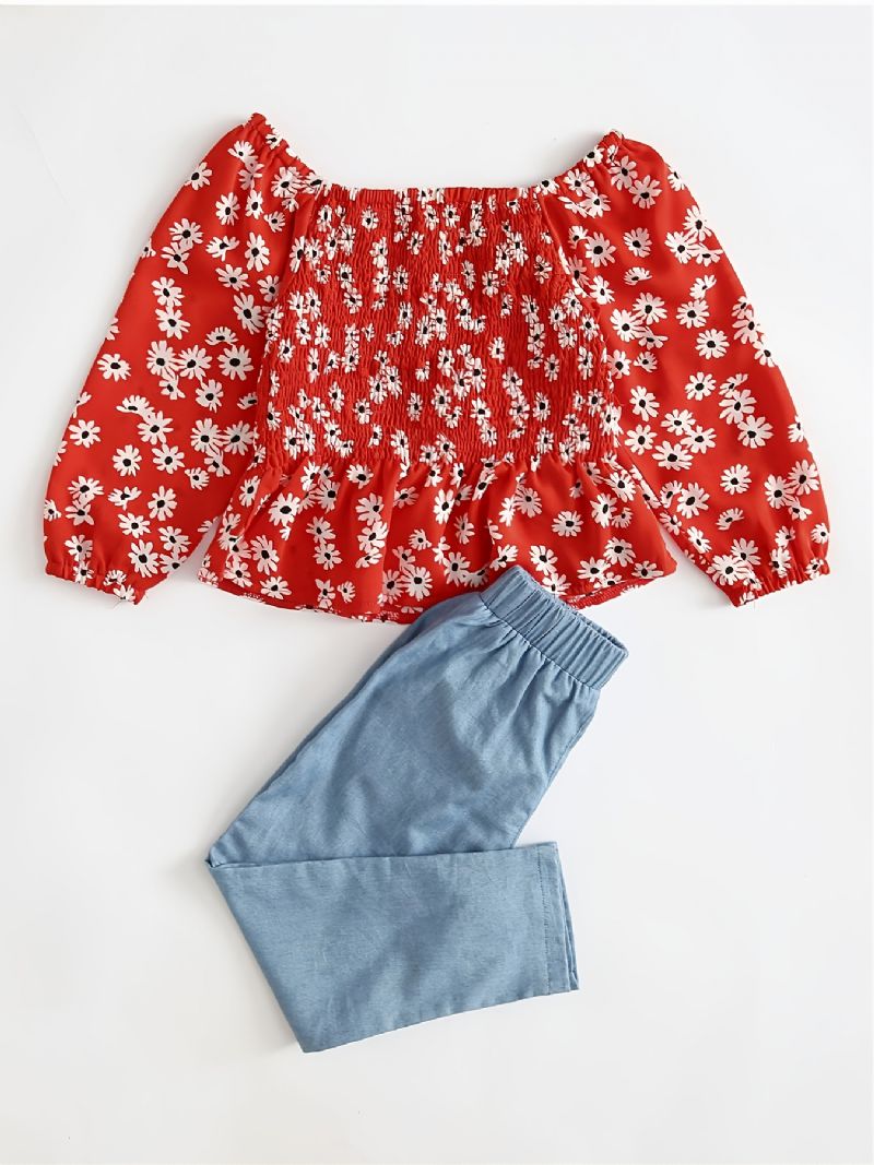 Batole Dívčí Daisy Shirred Peplum Top & Appliques Jeans Set