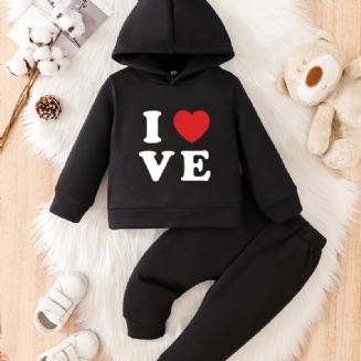 Batole Děťátko Heart Print Fleece Teplá Mikina Kalhoty Set Pro Kluky Dívky Podzim Zima
