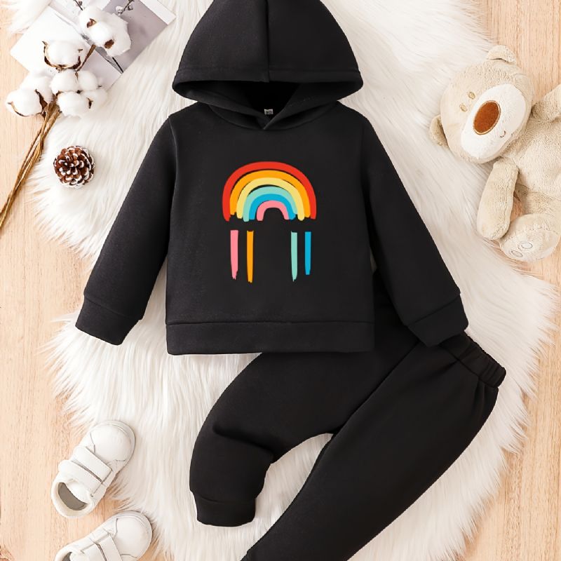 Batole Děťátko Rainbow Print Fleece Teplá Mikina Kalhoty Set Pro Kluky Dívky Podzim Zima