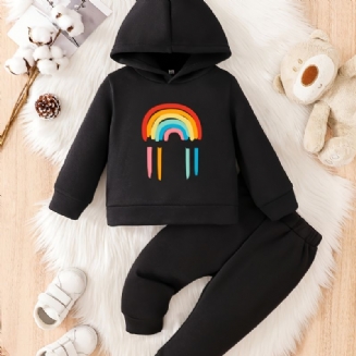 Batole Děťátko Rainbow Print Fleece Teplá Mikina Kalhoty Set Pro Kluky Dívky Podzim Zima