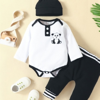 Batole Novorozenec Chlapeček Panda Dlouhý Rukáv S Potiskem + Kalhoty + Klobouk 3dílná Sada