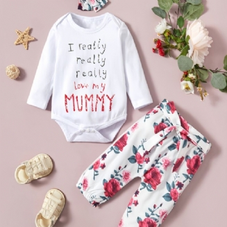 Batole Novorozenec Dívčí Tištěný Dopis S Dlouhým Rukávem Květinové Kalhoty Čelenka Oblečení Pro Kojence