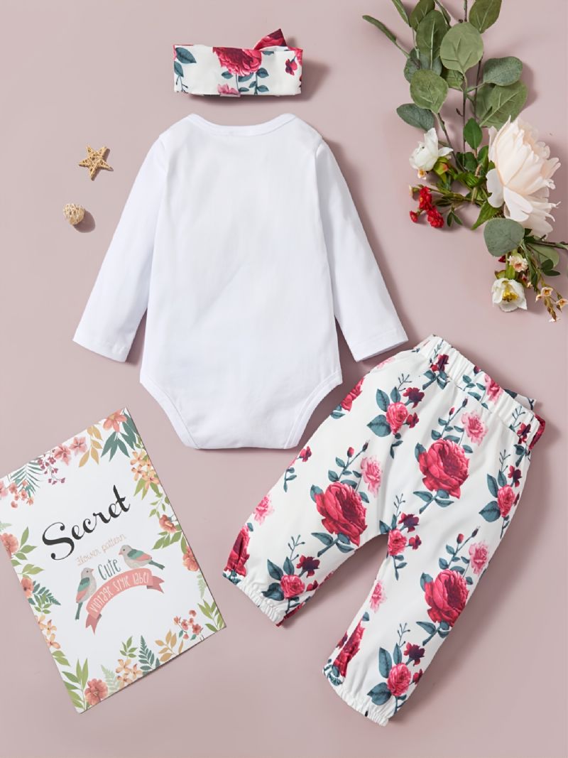 Batole Novorozenec Dívčí Tištěný Dopis S Dlouhým Rukávem Květinové Kalhoty Čelenka Oblečení Pro Kojence