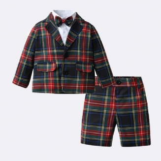 Chlapci Gentleman Set Kostkovaná Bunda & Kalhoty & Knoflíková Košile Set Formální Vánoční Outfit