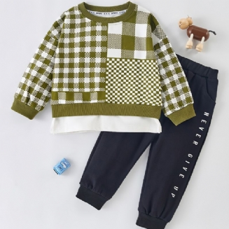 Chlapci Kostkovaný Patchwork Pullover Top + Kalhoty Set Děťátko Oblečení
